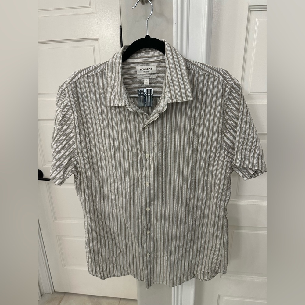 Bonobos Men's M Green Stripe Crinkle Cotton Short Sleeve Button Down Shirt Slim